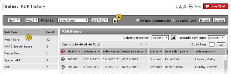 Filter RDR History by sales type.